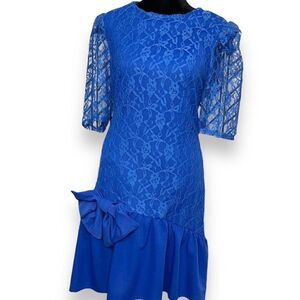 Cybil Stewart Evening Drop Waist Lace Dress Women's 10 Blue 90s Vintage Sheath